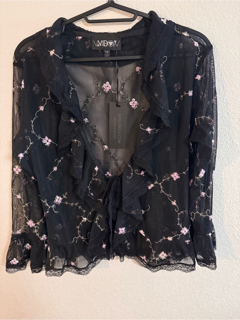 WIDOW Black Sheer Ruffle Floral Tie-Front Top - Pink Embroidery